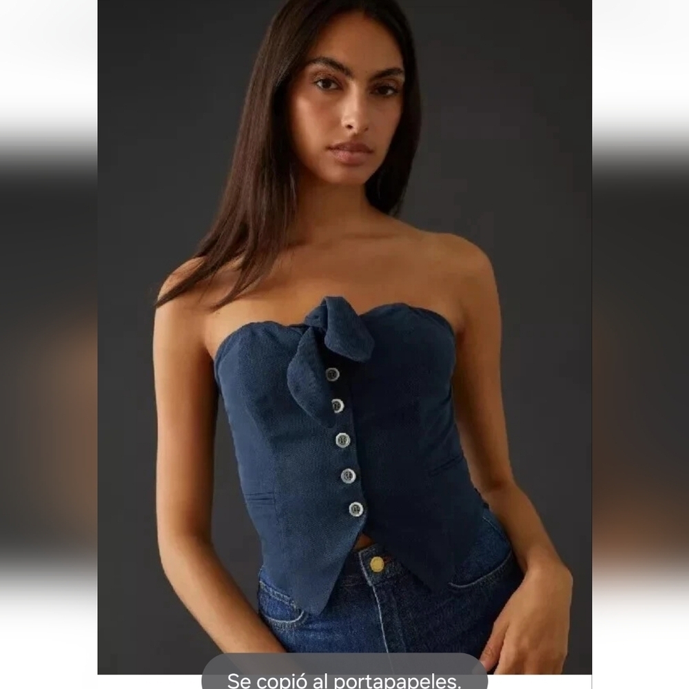 Anthropologie Maeve Navy Blue Strapless Tube Top Sz M  Nautical Bow Button Up